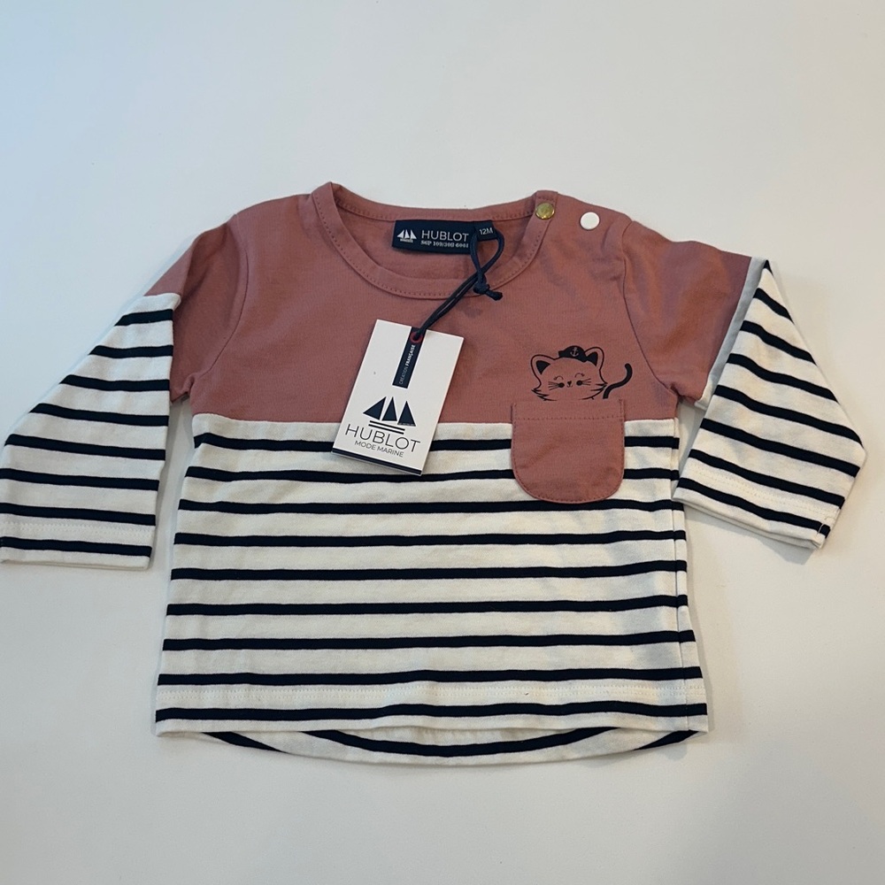 Hublot Mode Marine Baby Shirt 12M Rose Striped Nautical Cat G32INATA New